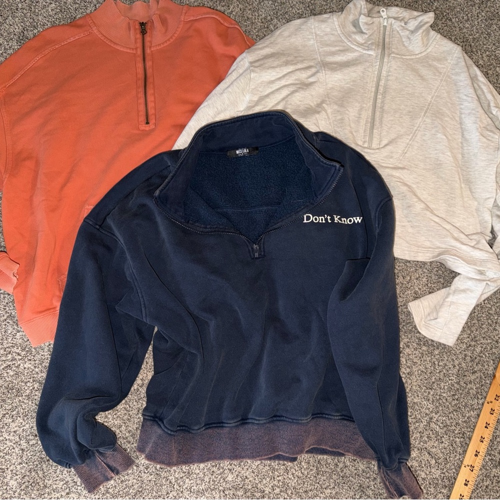 EUC lot of 3 Aerie Navy, Orange, beige Quarter-Zip Sweatshirts Medium miss Lola